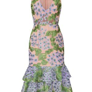 Floral Lace Appliqué Midi Dress in Peach and Lavender